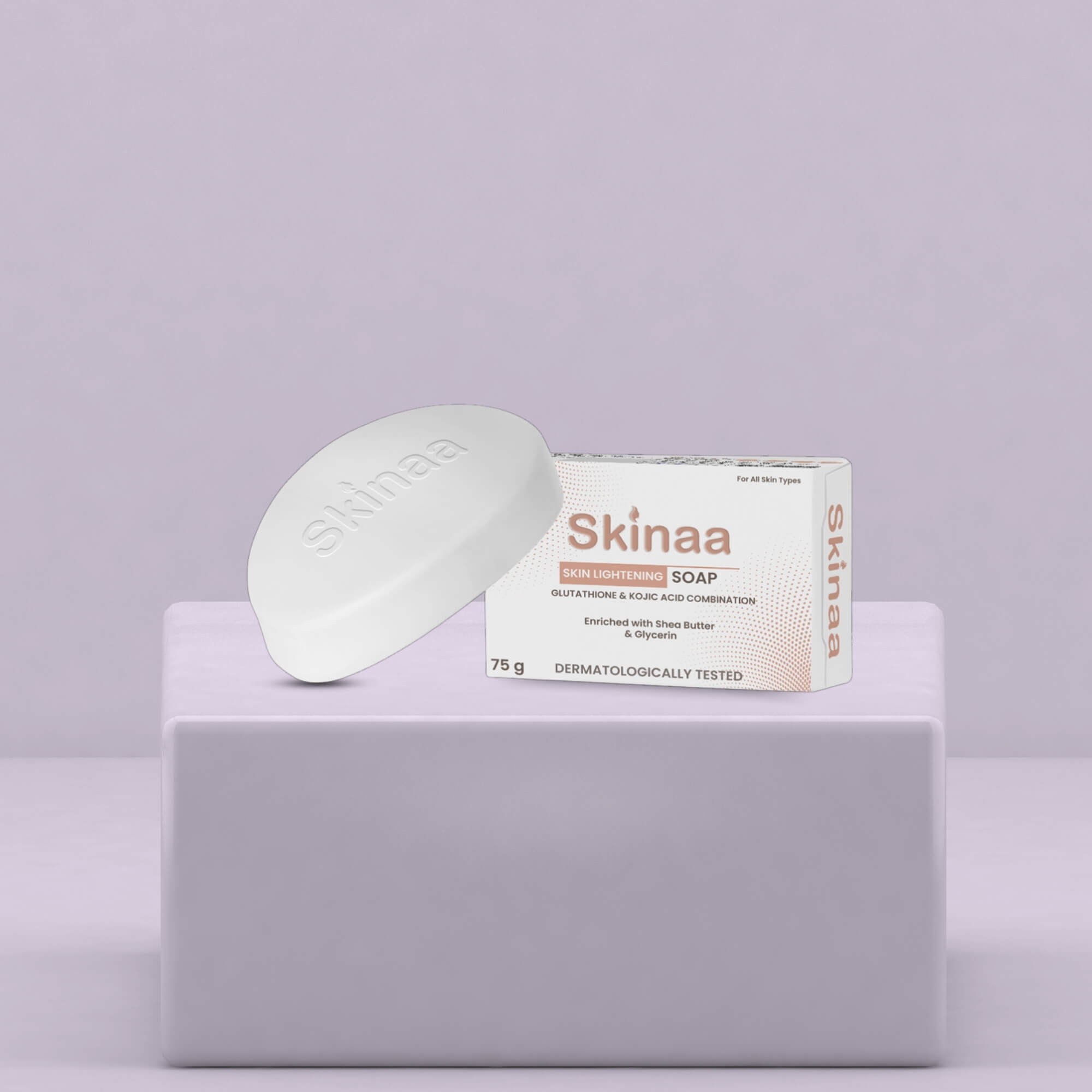 Skinaa Skin Lightening Soap with Glutathione and Kojic Acid, dermatologically tested soap for brightening skin, reducing dark spots, and gentle daily cleansing